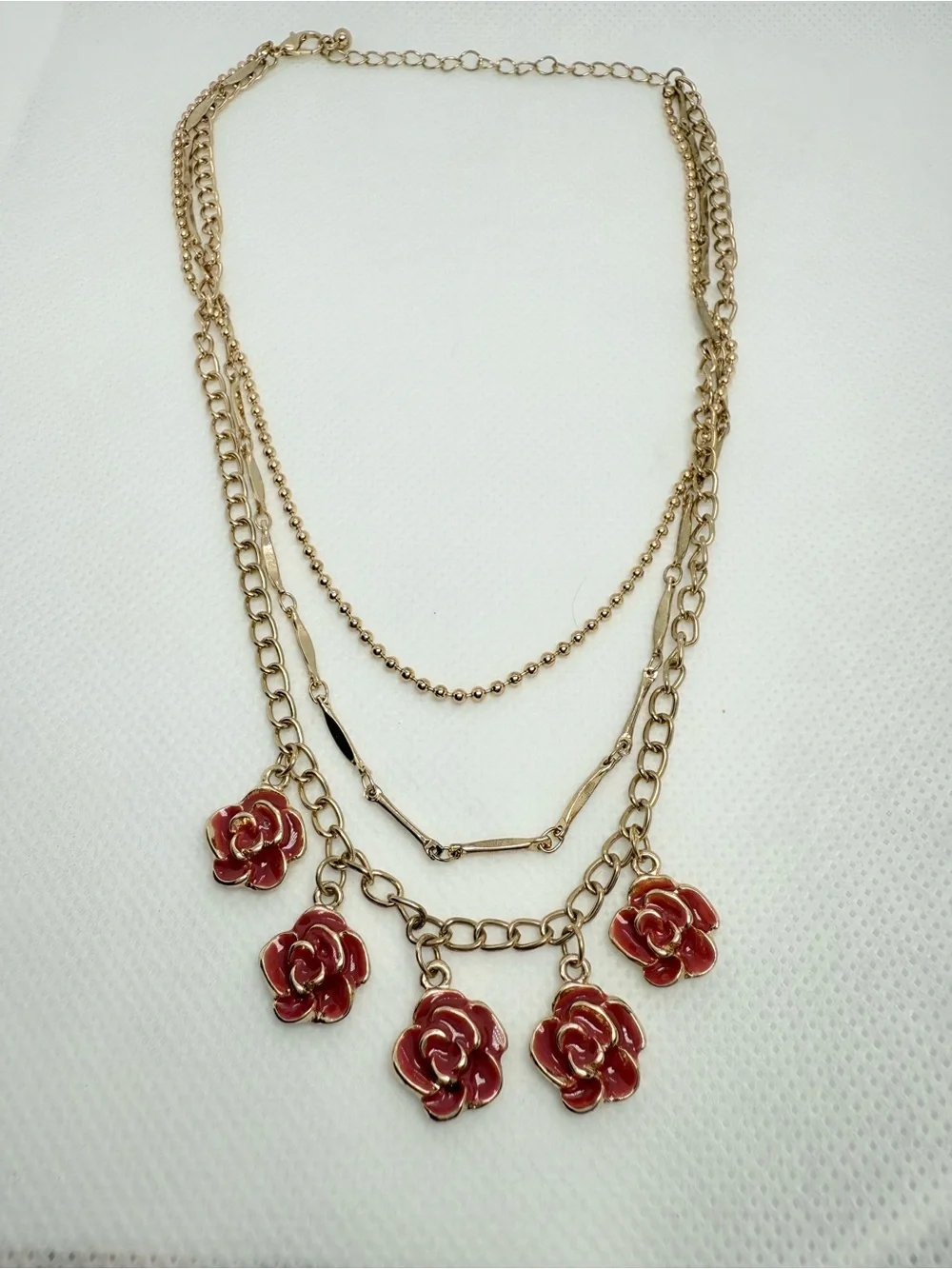 Disney! Gold-Tone Layered Necklace with Red Rose Charms